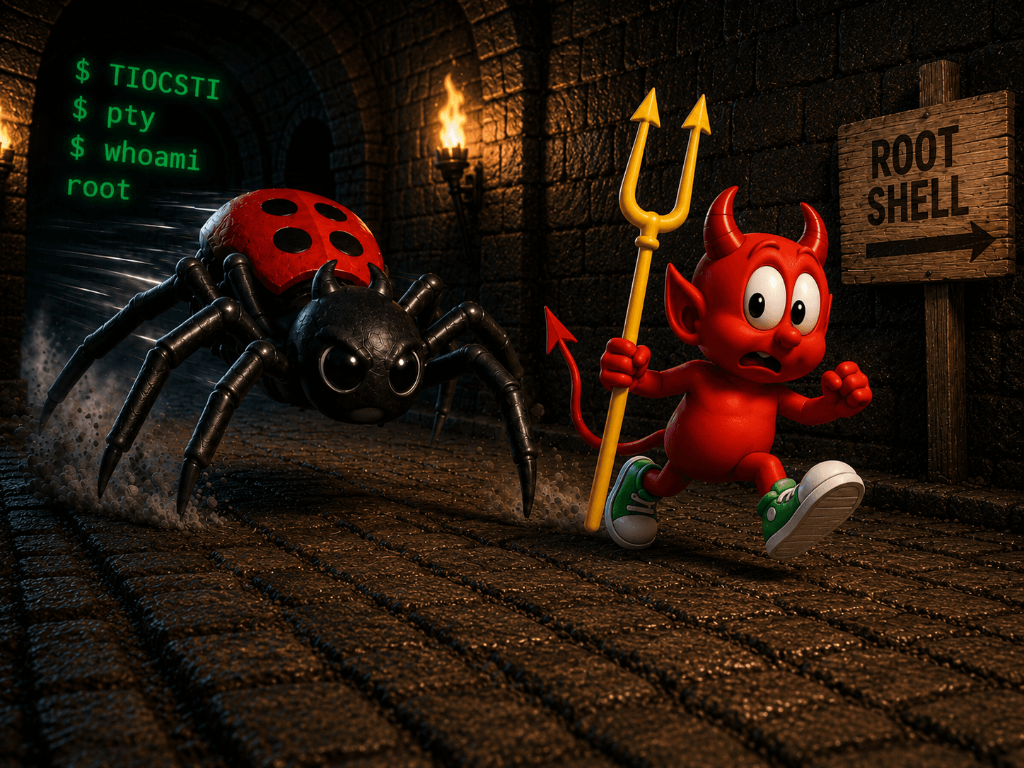 Illustration of the Eresus spider pursuing a FreeBSD daemon character to represent TIOCSTI terminal-input injection risk