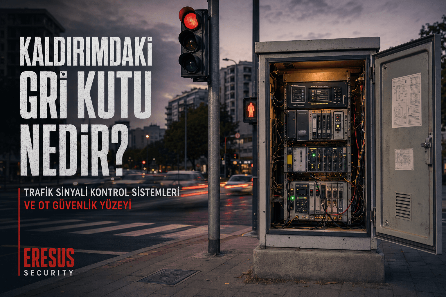Açık trafik sinyali kontrol kabini ve arka planda çalışan şehir kavşağı